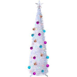 5 Ft Pop Up 3D Star Christmas Tree Tinsel with 50 Color Lights Timer (White)